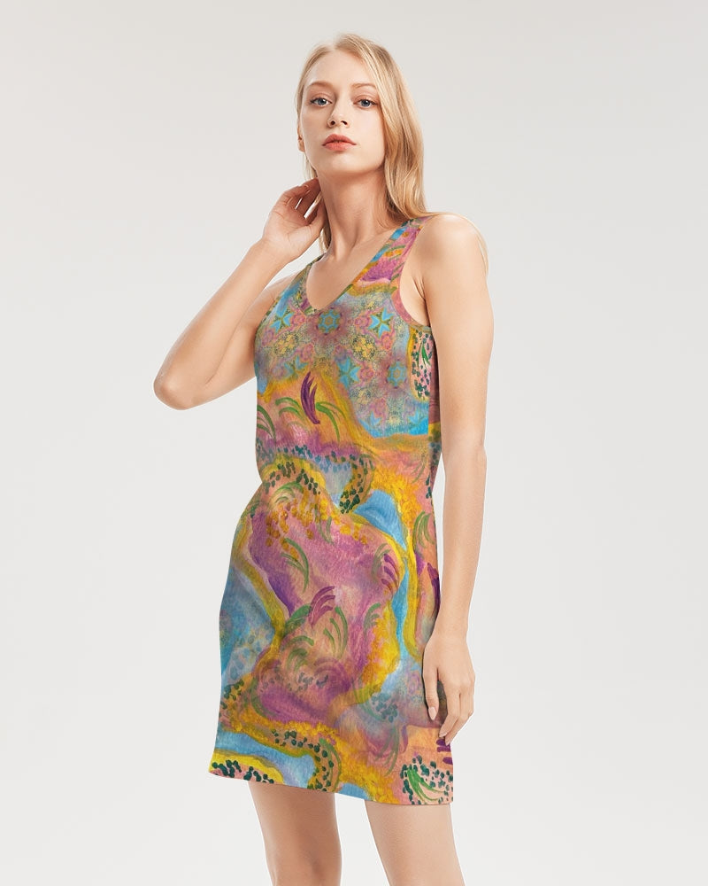 Around the world Women's All-Over PrintRib Knit V Neck Mini Dress