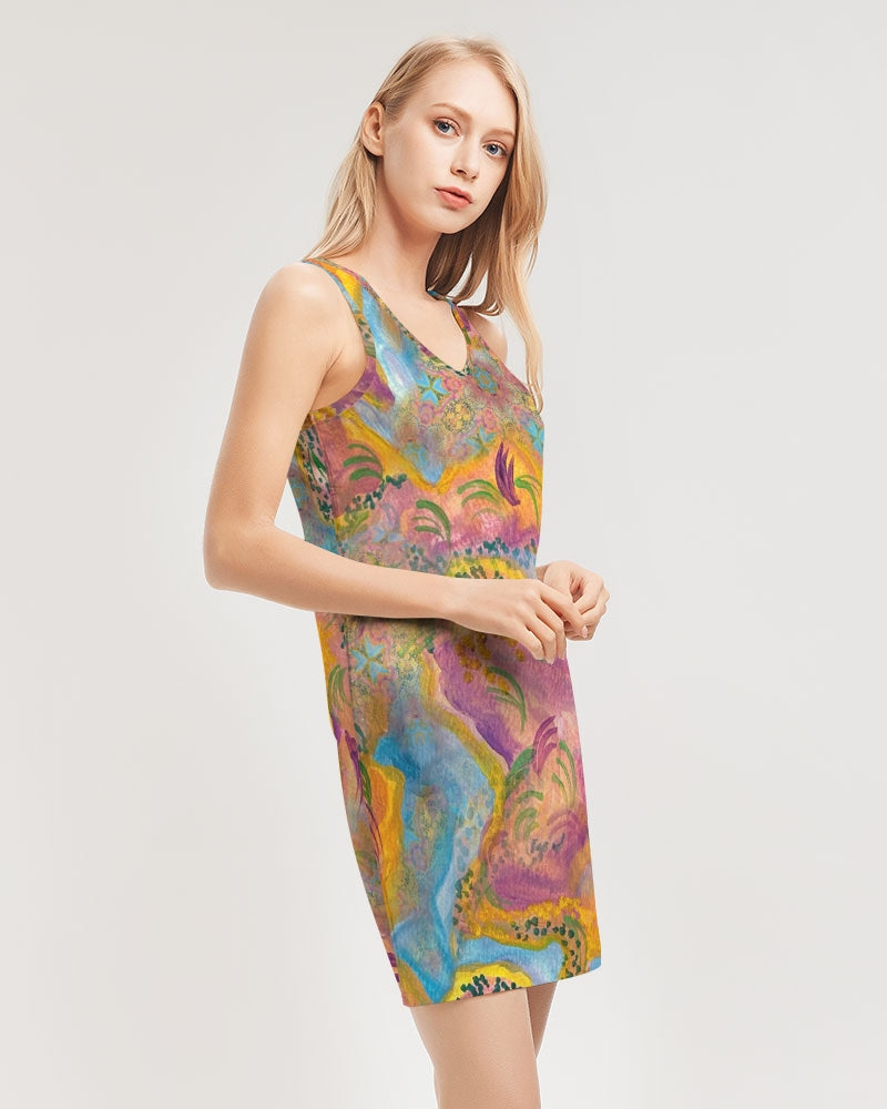 Around the world Women's All-Over PrintRib Knit V Neck Mini Dress