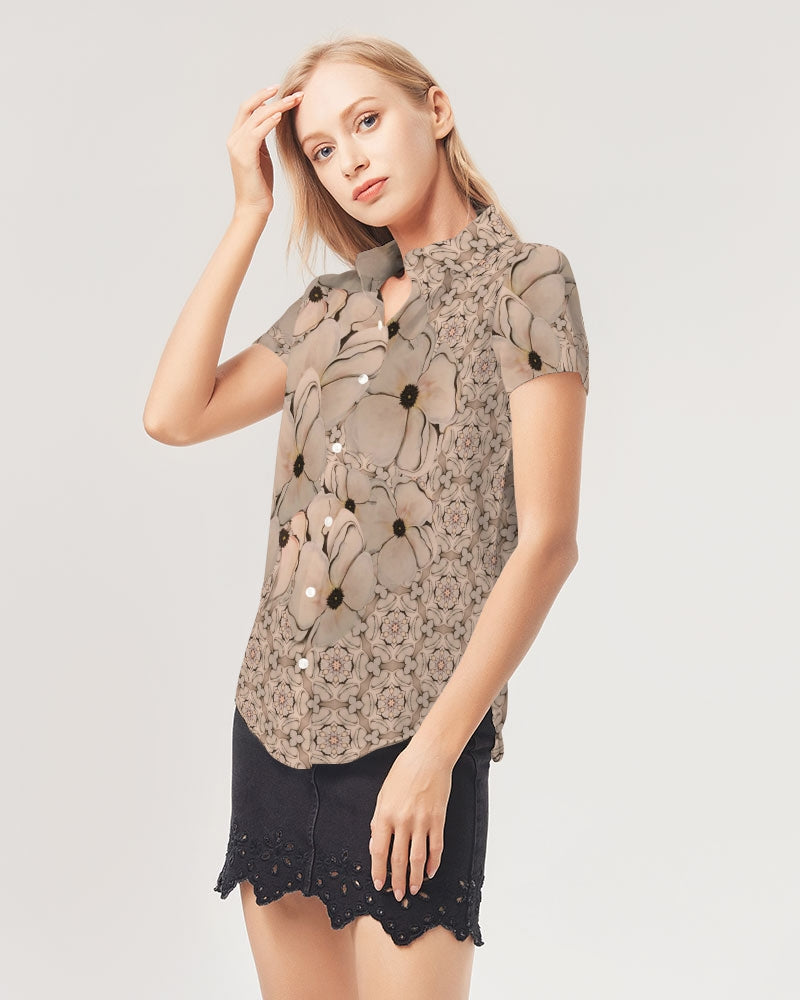 Blossoms Women's All-Over Print Short Sleeve Button Up