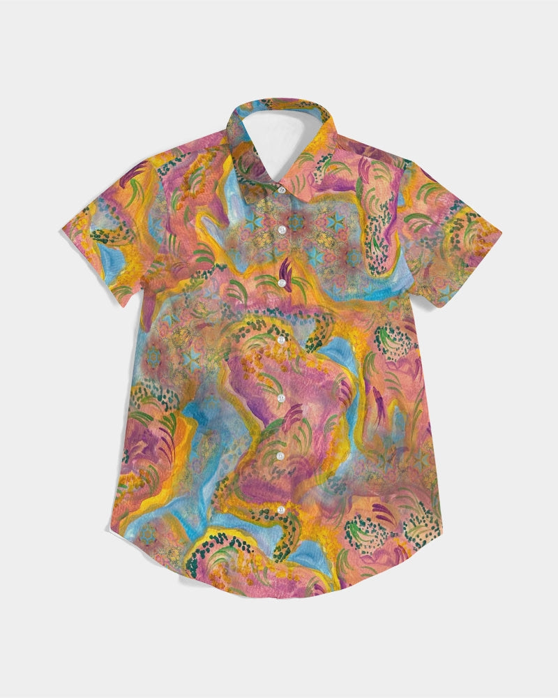 Around the world Women's All-Over Print Short Sleeve Button Up