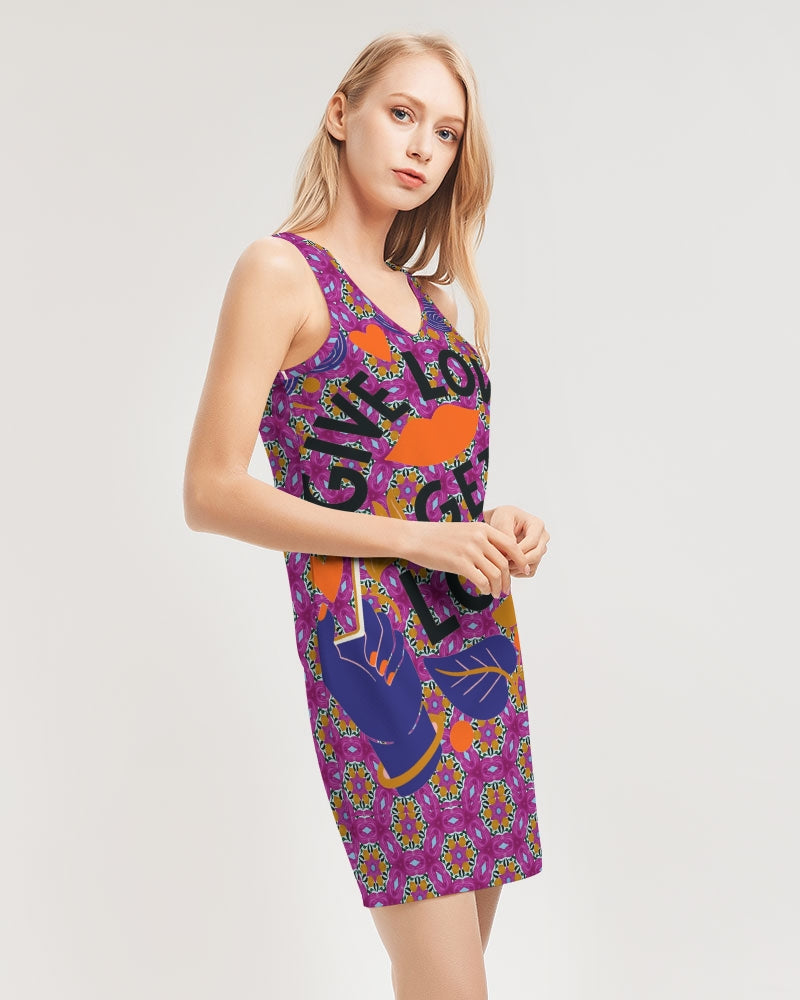 Give Love Women's All-Over PrintRib Knit V Neck Mini Dress