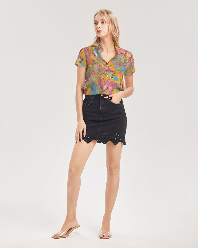 Around the world Women's All-Over Print Short Sleeve Button Up