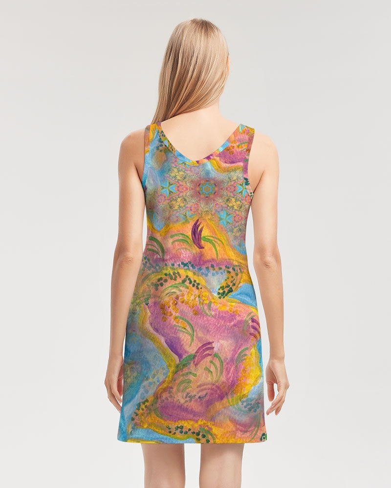 Around the world Women's All-Over PrintRib Knit V Neck Mini Dress