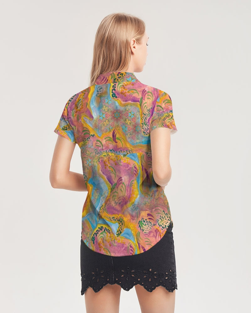 Around the world Women's All-Over Print Short Sleeve Button Up