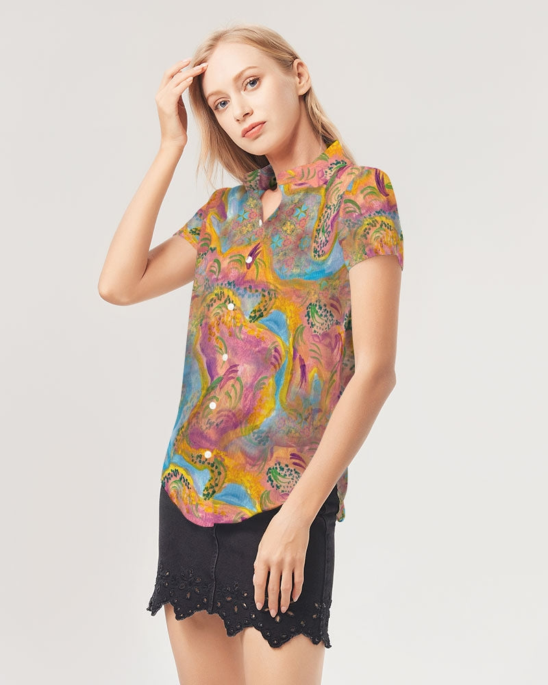 Around the world Women's All-Over Print Short Sleeve Button Up