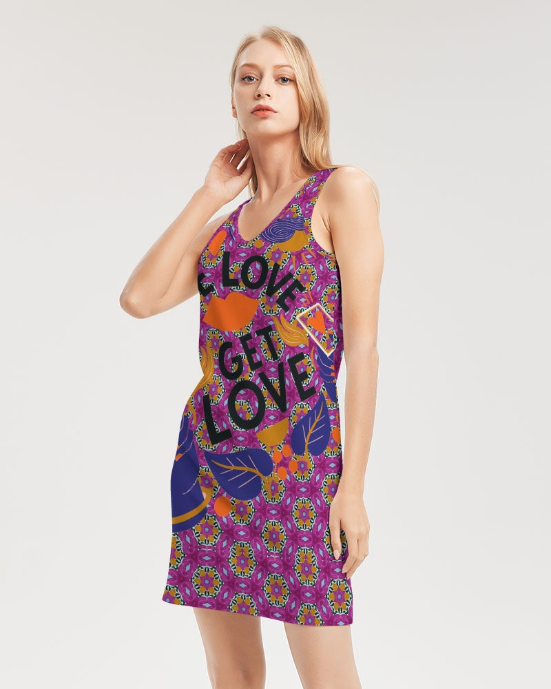 Give Love Women's All-Over PrintRib Knit V Neck Mini Dress