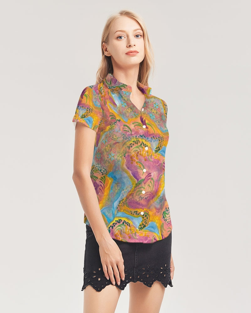 Around the world Women's All-Over Print Short Sleeve Button Up