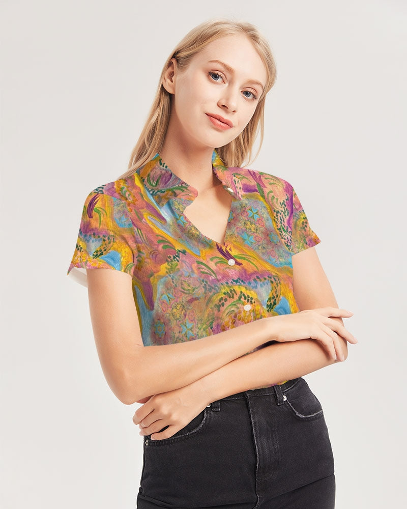Around the world Women's All-Over Print Short Sleeve Button Up