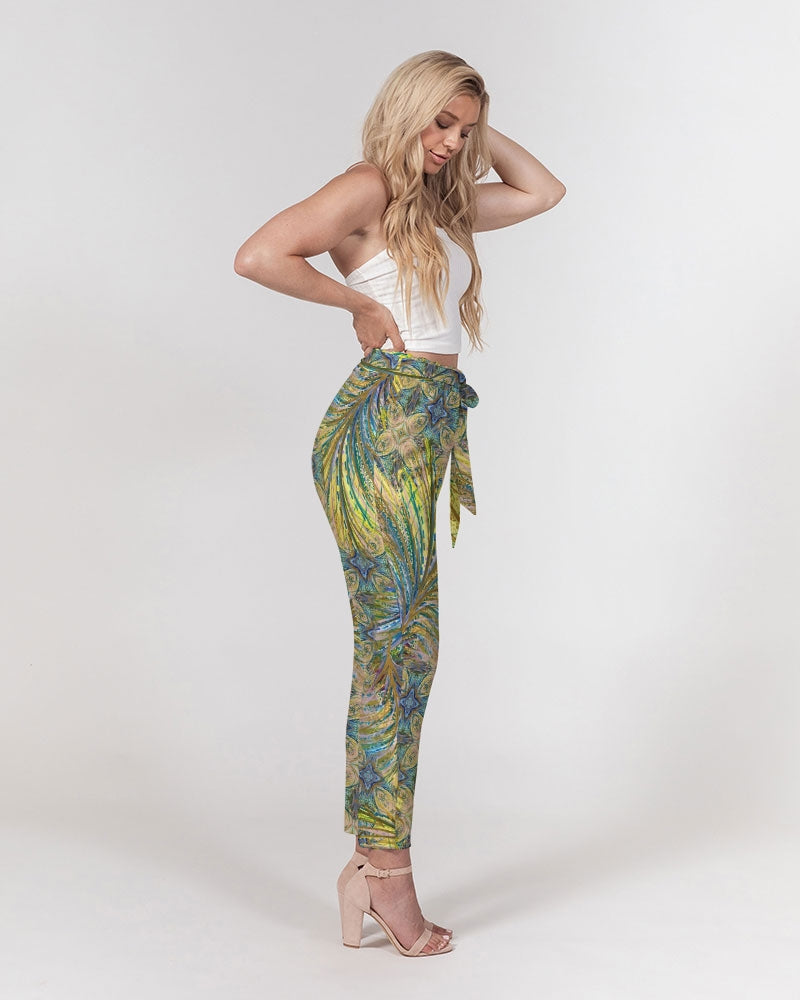 Yellow Wisps Mosaic Women's Belted Tapered Pants