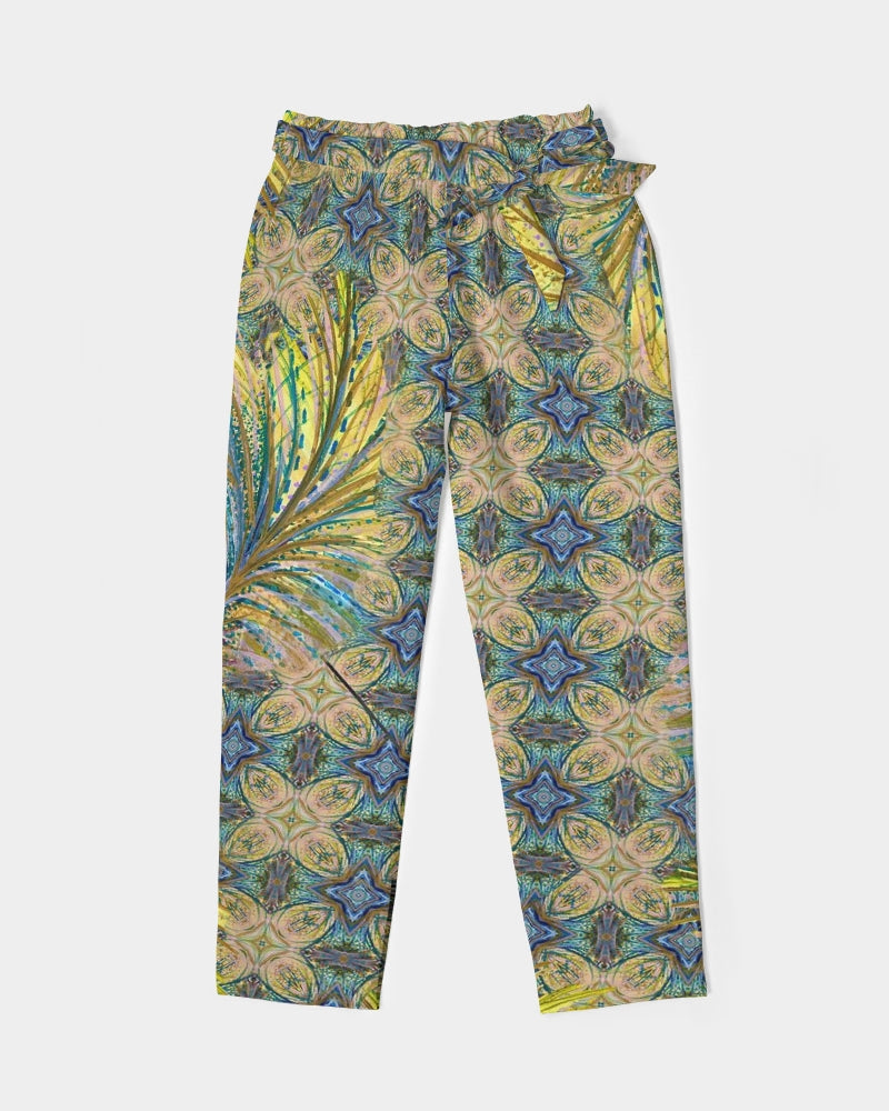 Yellow Wisps Mosaic Women's Belted Tapered Pants