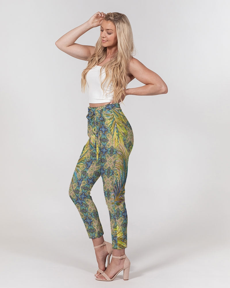 Yellow Wisps Mosaic Women's Belted Tapered Pants