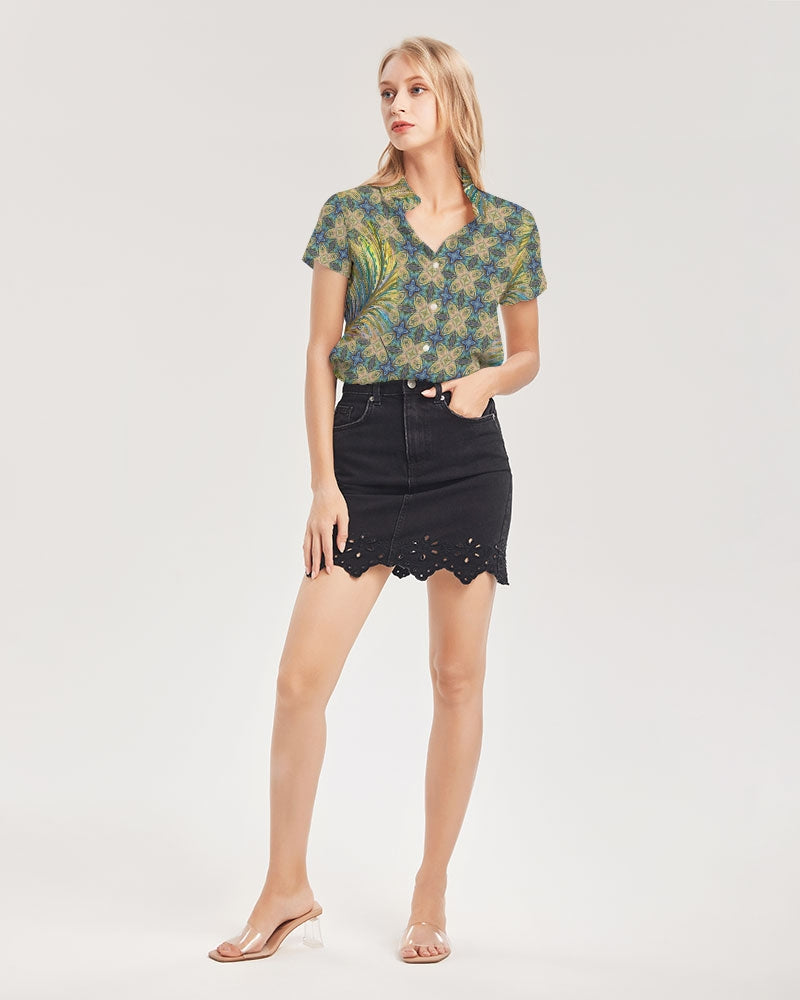 Yellow Wisps Mosaic Women's Short Sleeve Button Up