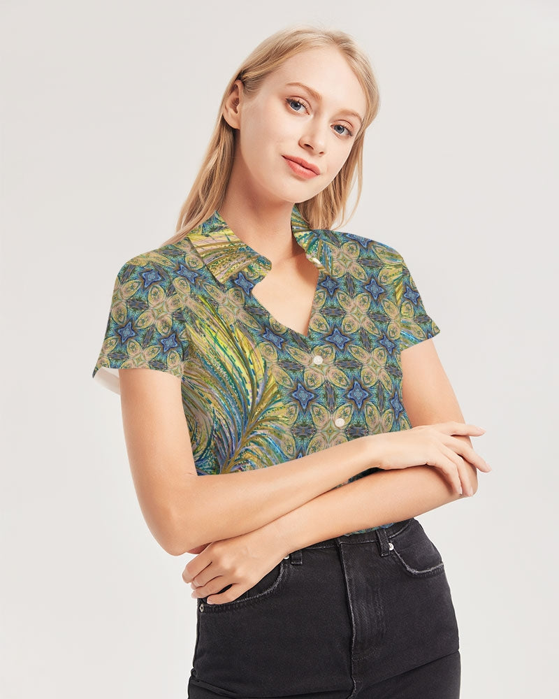 Yellow Wisps Mosaic Women's Short Sleeve Button Up