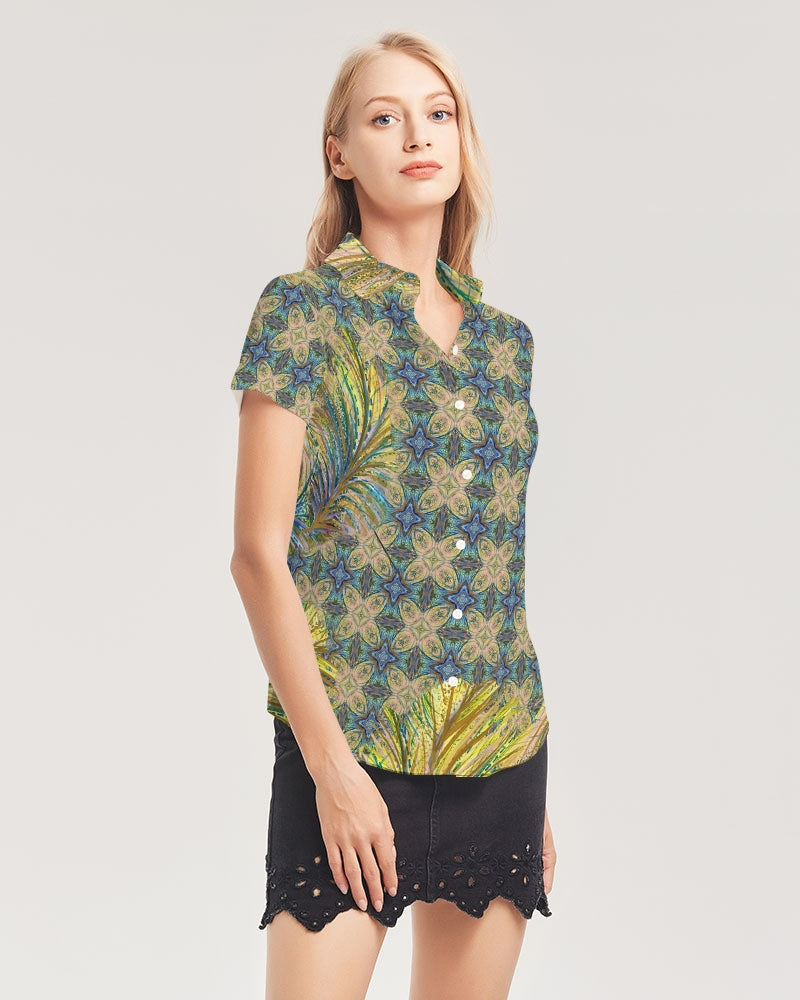 Yellow Wisps Mosaic Women's Short Sleeve Button Up