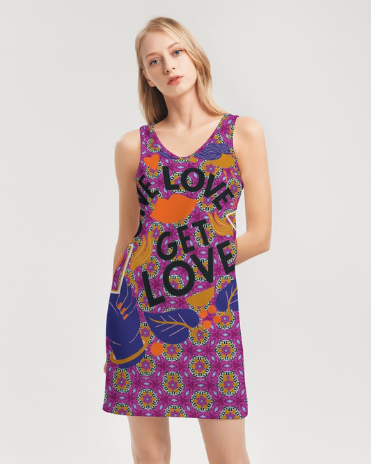 Give Love Women's All-Over PrintRib Knit V Neck Mini Dress