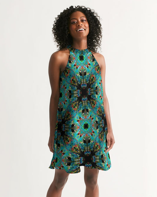 Turquoise Palm  Women's Halter Dress
