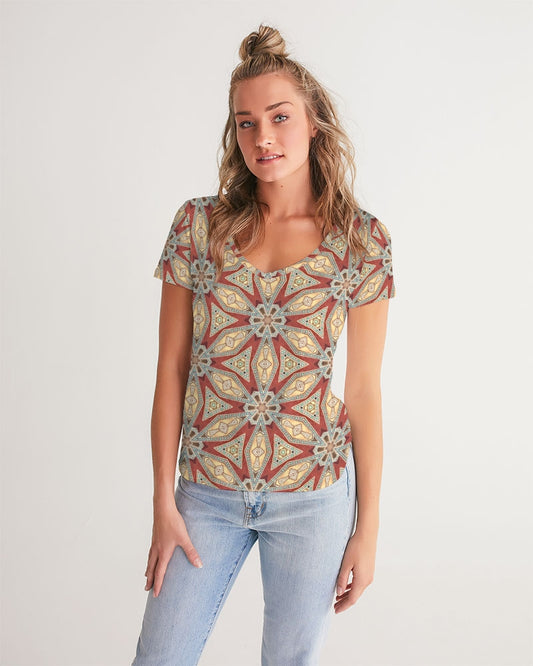 Red Geometric Stars Women's V-Neck Tee